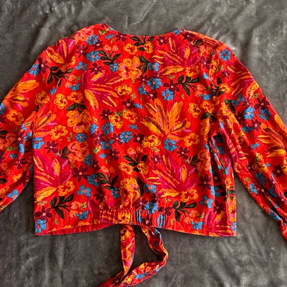 Anthropologie Maison d'Amelie Linen Blend Floral Tie-Front Blouse Size M Red EUC - Picture 9 of 10